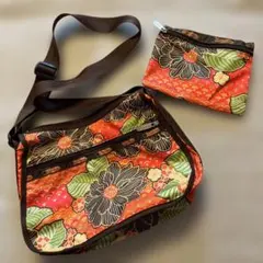 レスポ　花柄ショルダーバッグ 中型　ポーチ付き　オレンジ　ブラウン