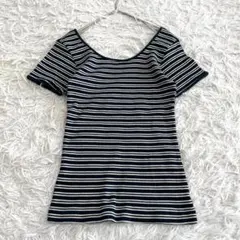 キャトルセゾン リブtシャツ ボーダートップス コットン100% 綿 ネイビーのサムネイル