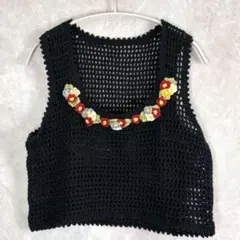 【レトロ】可愛い 花柄 クロシェ編み ベスト ビスチェ 黒 夏物 レイヤード