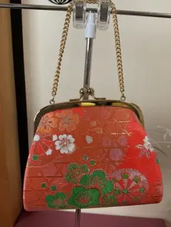 和風がま口バッグ オレンジ 花柄