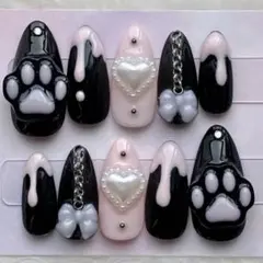 ネイルチップ　黒　ピンク　在庫処分　ロング　現品　量産型　地雷系　平成　サブカル