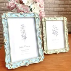 【新品】アンティーク　フォトフレーム 2点セット　写真立て　ブルー＆グリーン