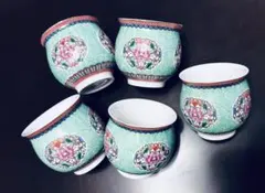 台湾茶器 2重構造 湯呑み 5客セット 蓮花 唐草文様 翡翠色