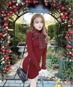 michellMacaronチェックリボンニットワンピース