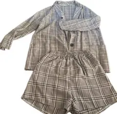 チェック柄ブラウンパンツセットアップ