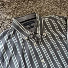 TOMMY HILFIGER カスタムフィット 長袖シャツ M グレーストライプ