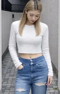 ZARA ザラ テクスチャー クロップド 長袖Tシャツ ホワイト Sサイズ