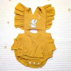 80cm ゾウ刺繍フリルキャミソールロンパースボディスーツマスタードイエロー美品