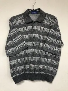 【80s-90s】レトロ 総柄 ジャガード ニットポロシャツ L モノトーン