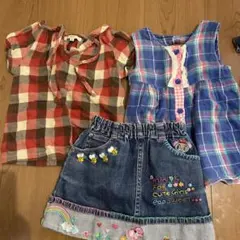 ships赤茶チェック半袖ブラウス・mini-K刺繍デニムスカートセット