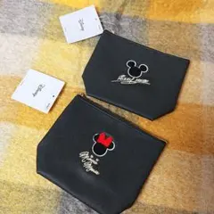 ミッキー&ミニーマウス刺繍ポーチ 黒 2個セット Can★Do