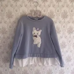 エニィファム130サイズ猫の刺繍付き裏起毛水色トレーナー