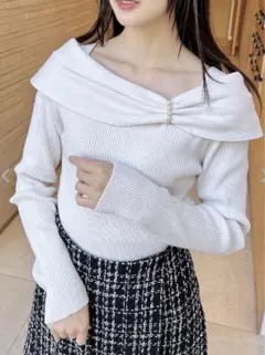 INGNI リブオフショルリボンパールパーツリブニット