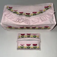 ハンドメイド 刺繍 テッシュカバー ピンク