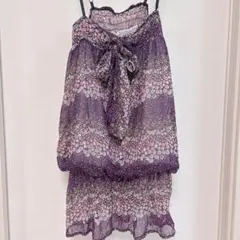 花柄 キャミソール ギャザー チュニック M 紫 薄手 シフォン リボン　夏
