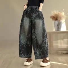 個性 プリント デニム ワイドパンツ ゆったり ビッグサイズ スリム レトロ