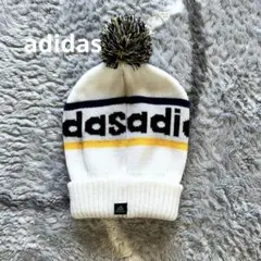 adidas アディダス白黄色ボンボンニット帽 Fサイズ