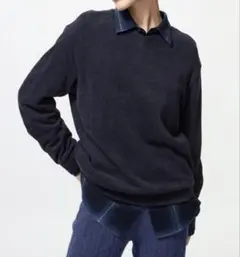 リボん様専用ユニクロ ソフトニットフリースVネックT ネイビーMサイズ新品未使用