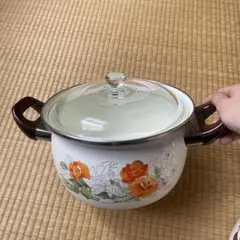 昭和レトロ　オレンジのバラ柄ホーロー鍋