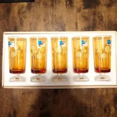 アデリアカラー　アンバーグラス 5個セット　脚付き　昭和レトロ　向日葵模様