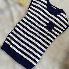 コットンリネンニット　ネイビーボーダーロングTシャツのサムネイル