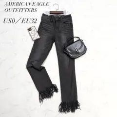 アメリカンイーグル裾フリンジストレッチスキニーデニムパンツUS0ブラック系❣️