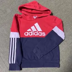 adidas キッズ パーカー 140cm 赤×ネイビー 3ライン