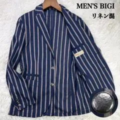 【リネン混】メンズビギ ストライプ テーラードジャケット ネイビー 銀ボタン