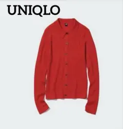 【美品】エクストラファインメリノリブポロカーディガン（長袖）　M 赤　レッド