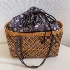竹製 花柄巾着付きかごバッグ 紫 パープル 浴衣 夏祭り 篭 カゴ