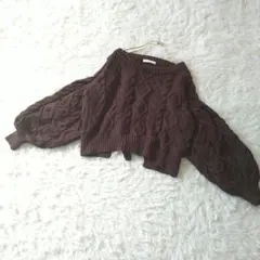 ドロップショルダーバルーン袖 ケーブルニットセーターバックリボンブラウン F