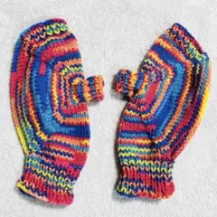 ハンドメイド　レインボーカラー ニット　手袋　ハンドウォーマー　指なしグローブ