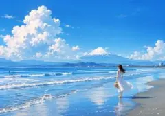 【イラスト】富士山と夏の海岸風景 アートポスター