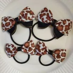 【092】ヒョウ柄リボン ヘアゴム 4個セット