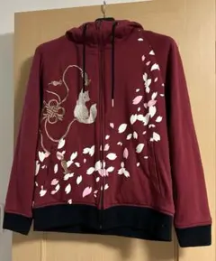 今昔　こんじゃく　レディース　パーカー　和柄　狐　赤　刺繍　裏起毛　M サイズ