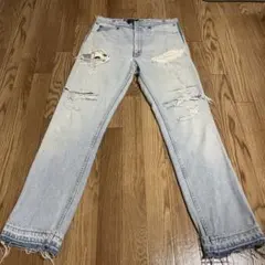 REALDENI 雰囲気抜群 ダメージジーンズ ブルー デニムパンツ ペンキ 
