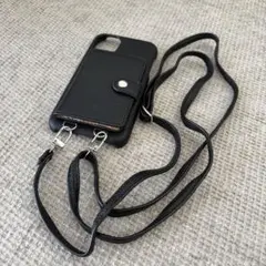 ブラックレザーiPhoneケース ショルダーストラップ付き