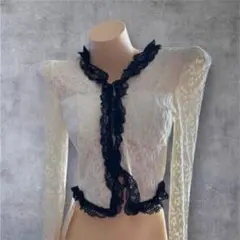 韓国 ワンホン レーストップス シースルー 長袖 リボン きれいめ