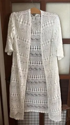 ホワイト 透かし編み カーディガン L
