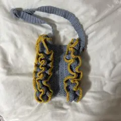 ハンドメイド ショルダーバッグ フリルバッグ グレー 毛糸 かぎ針編み