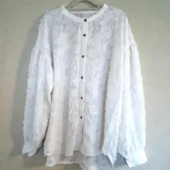 グローバルワーク ジャガードブラウス デザインブラウス ホワイト パフフリーブ