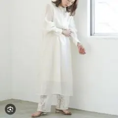 Kastane ヘンリーシアーワンピース ロング丈 ホワイト