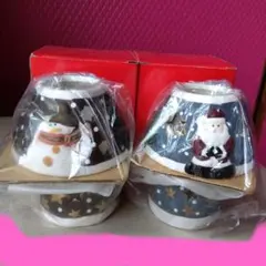 クリスマス・キャンドルホルダー　サンタ　スノーマン雪だるま　陶器2個セット　新品