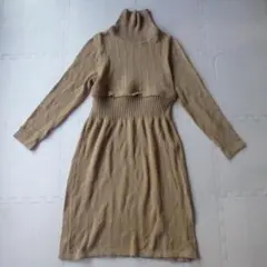 ブラウン タートルネック 授乳服 長袖ニットワンピース