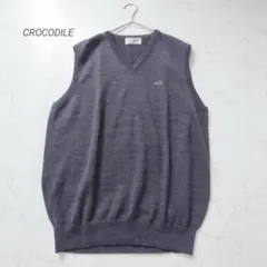 クロコダイル ニット メンズ ベスト Vネック ウール混 グレー M 美品✨️