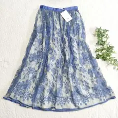 新品✨ブラミンク　オールレースフレアスカート　ブルー系　38のサムネイル