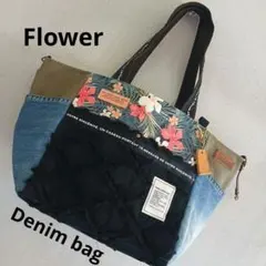 デニムリメイク花柄トートバッグ大容量