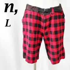 【美品】エヌ N, カジュアルハーフパンツ L 赤/黒/茶 チェック柄【126】