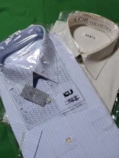 超格安 !青と白柄Yシャツ A形40 半袖 、 白YシャツL 長袖 2枚 セット