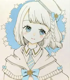 線画女子1　魔法学校　冬　手描きイラスト　オリジナル　アナログ　原画　色紙